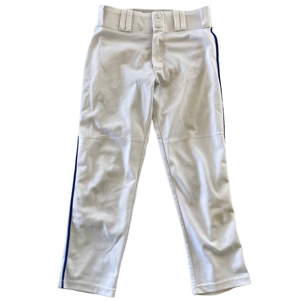 White baseball pants with royal blue piping, Alleson Athletics, size M